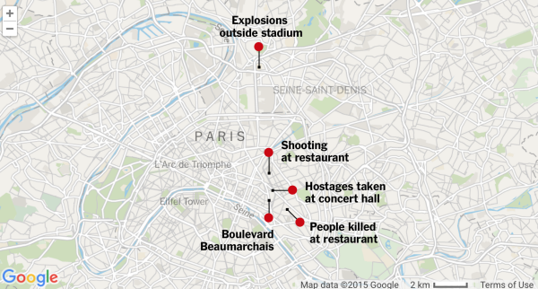 Vị trí các điểm xảy ra vụ tấn công (từ trên xuống): Nổ bên ngoài sân vận động, xả súng tại nhà hàng, bắt cóc con tin tại nhà hát. 