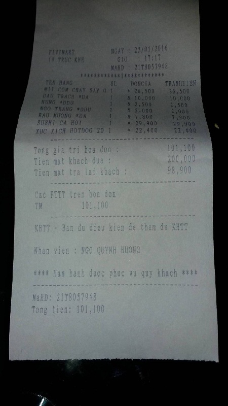 Hóa đơn thanh toán tại siêu thị Fivimart Trúc Khê