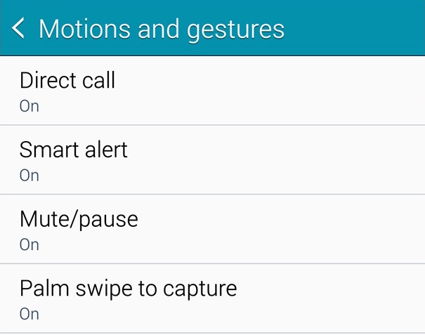 Giao diện Motions and Gestures trong Galaxy Note 4 khá đơn giản