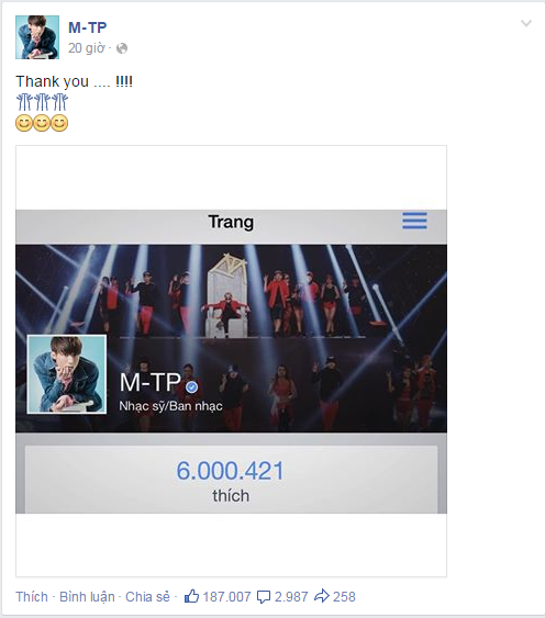 Chàng ca sĩ thể hiện vui mừng khi fanpage Sơn Tùng M-TP đạt mốc 6 triệu lượt like