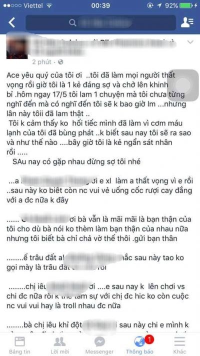 Lời thú tội được cho là của Vũ Đình Hậu trên Facebook cá nhân sau khi gây án mạng, hiện trang Facebook này đã đóng cửa