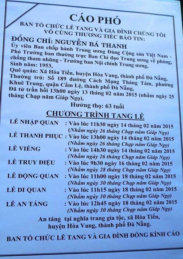 Cáo phó của gia đình ông Nguyễn Bá Thanh