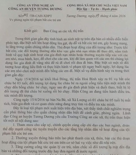 Công văn khuyến cáo về nạn bắt cóc trẻ em ở Nghệ An của công an huyện Tương Dương