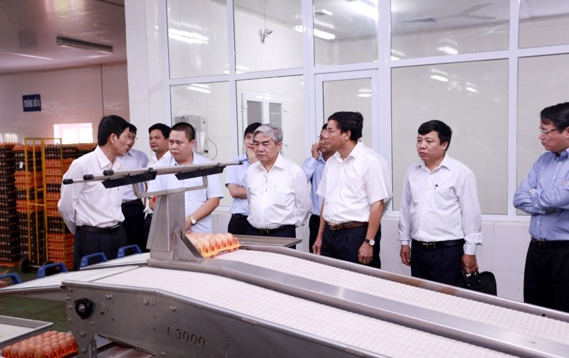 Bộ trưởng Nguyễn Quân và các đại biểu thăm dây chuyền kiểm tra chất lượng trứng gà tại Công ty Cổ phần tập đoàn Dabaco Việt Nam
