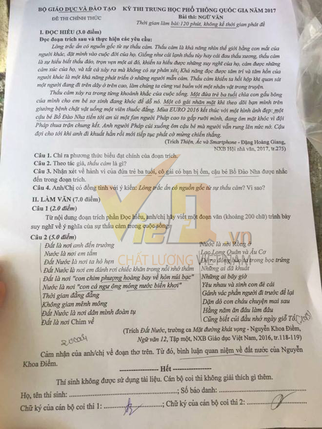 Đáp án đề thi môn Văn kỳ thi tốt nghiệp THPT Quốc gia năm 2017