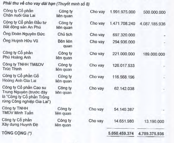 Các khoản cho các bên liên quan vay ngắn hạn và dài hạn của Hoàng Anh Gia Lai trị giá lần lượt là 821 tỷ đồng và 5.050 tỷ đồng. Ảnh: Ndh