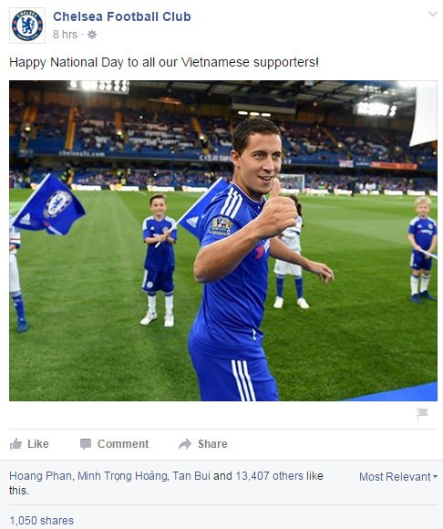 CLB bóng đá châu Âu Chelsea chúc mừng Quốc khánh tới fan Việt Nam