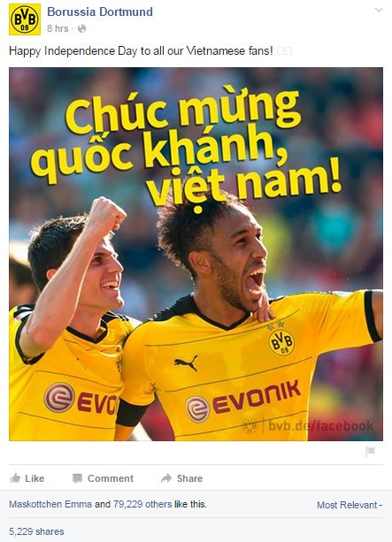 Lời chúc Quốc khánh 2/9 từ đội bóng châu Âu Dortmund gây ấn tượng mạnh với người hâm mộ Việt Nam