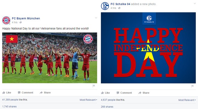 Hai đội bóng đá châu Âu Bayern Munich và Schalke 04 cũng không quên tri ân cổ động viên Việt Nam nhân ngày lễ trọng đại 2/9