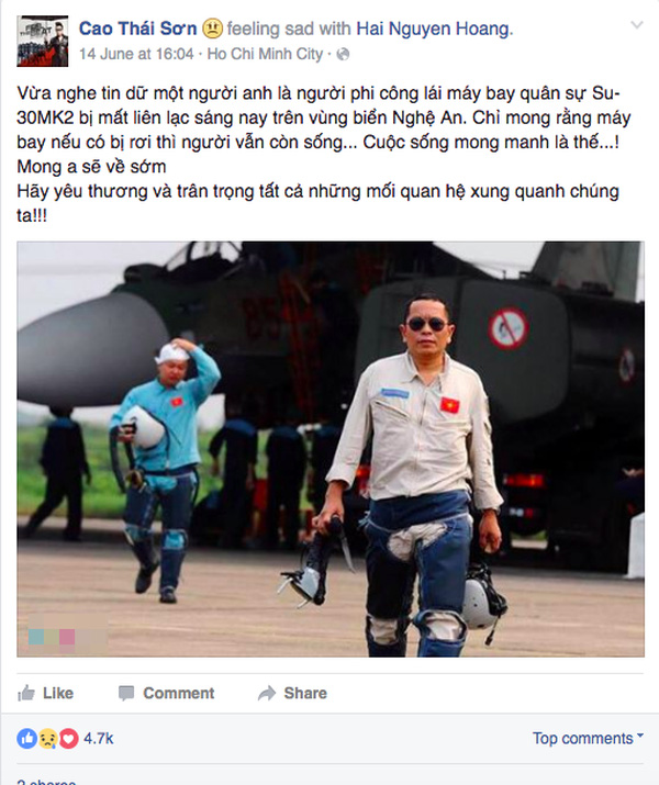 Ca sĩ Cao Thái Sơn đau buồn khi nghe tin phi công Trần Quang Khải hy sinh