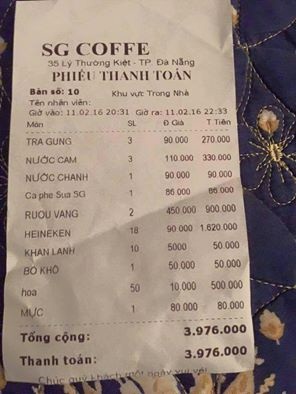 Tờ hóa đơn gần 4 triệu đồng của quán café SG Coffee khiến khách hàng cảm thấy bị ‘chặt chém’ ở Đà Nẵng