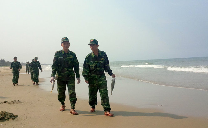 Chiều 25/4, đơn vị bộ đội địa phương được huy động đi thu gom cá chết hàng loạt dạt vào bãi biển thôn Đá Nhảy.