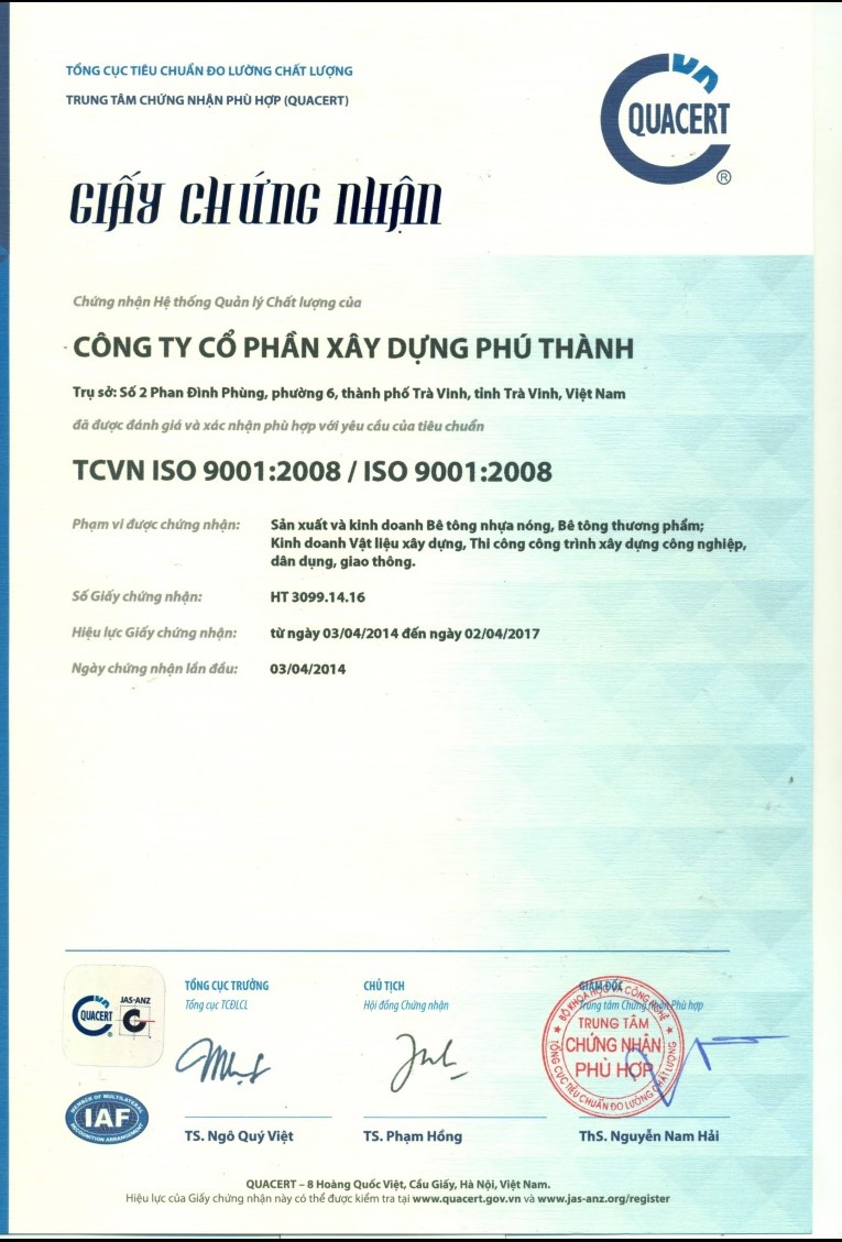Chứng nhận ISO cho Công ty CP Xây dựng Phú Thành