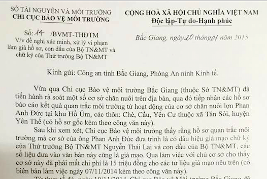 Công văn của chi cục BVMT Bắc Giang xác minh và xử lý trường hợp làm giả chữ ký và hồ sơ giả