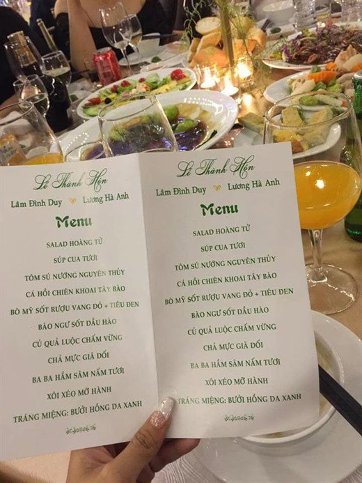  Thực đơn bữa tiệc cưới xa hoa gồm nhiều món ngon đắt tiền do Facebooker Nga Vu chia sẻ.
