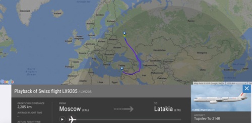 Ảnh chụp màn hình mô tả hành trình bay của chiếc Tu-214R ngày 29/7 từ Nga tới Syria