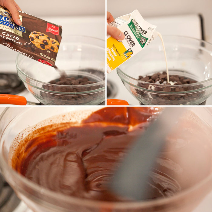 Cho chocolate ca cao và kem tươi vào lò vi sóng đun chảy.