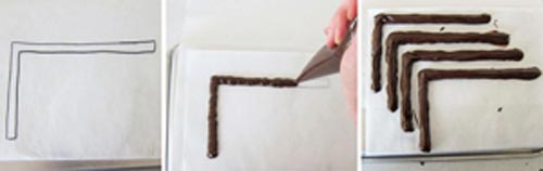 Đun chảy chocolate và cho vào túi bóp kem. Sau đó, vẽ lên giấy nến hình chân nhện (hơi giống chữ L) và nhanh tay dùng dĩa chấm nhẹ để tạo độ xù xì.