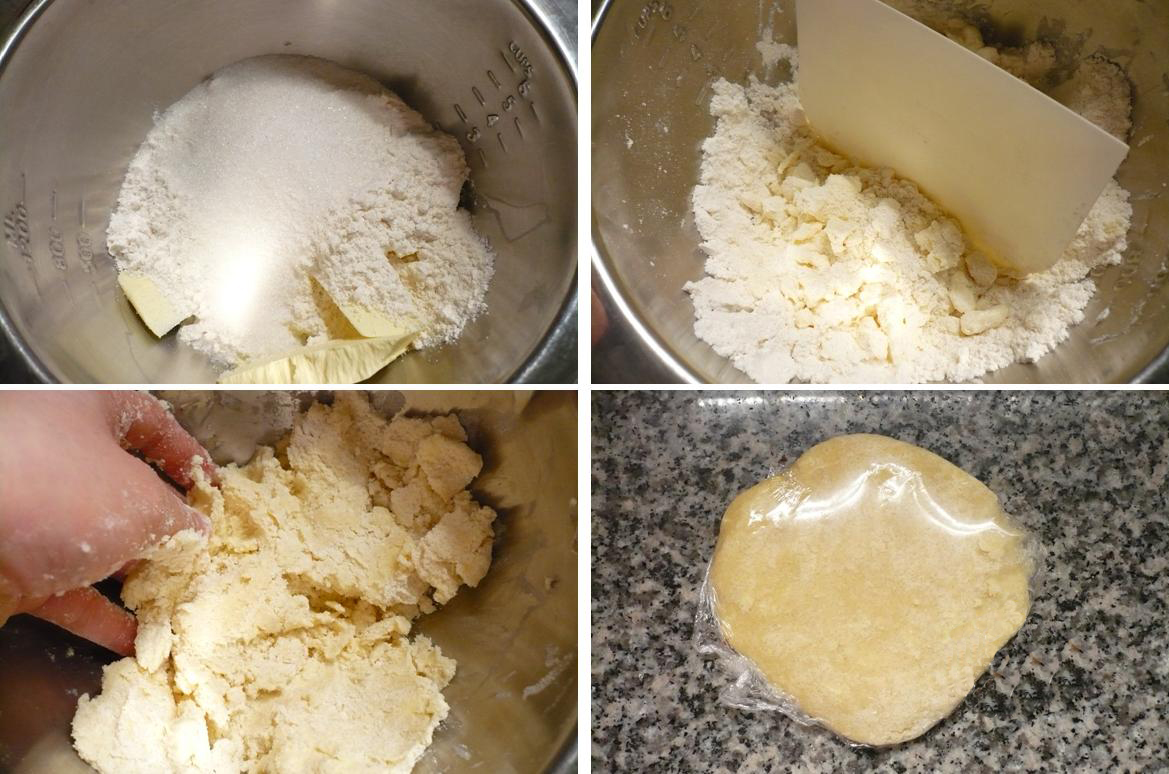 Trộn bột mì với đường sau đó cho bơ vào nhào cùng. Bọc hỗn hợp bột lại và để trong tủ lạnh ít nhất 1 giờ.