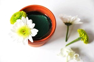 Cắt cuống hoa ngắn chừng 3cm – 5cm và cắm xen kẽ bông xanh, bông trắng xòe đều quanh bề mặt xốp và chậu đất nung.