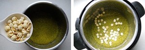 Cho cả đậu xanh và hạt sen vào nồi áp suất, thêm nước vào nấu chín mềm trong khoảng 20 phút.