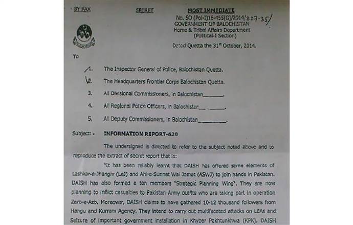 Bức thư được gửi đi từ chính quyền Balochistan liên quan tới các hoạt động của khủng bố ISIS ở Pakistan
