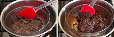Đặt bát đựng socola vào 1 nồi có nước, đun lên cho đến khi socola tan chảy thì bỏ ra, để nguội.