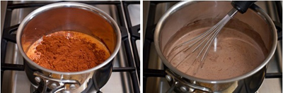 Trộn lẫn sữa tươi và bột ca cao, khuấy đều rồi đun nóng, khi hỗn hợp sôi thì tắt bếp.