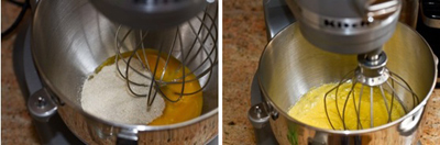 Đập trứng gà ra bát, thêm khoảng 7 thìa đường rồi dùng máy đánh trứng đều tay trong vòng 2 phút.