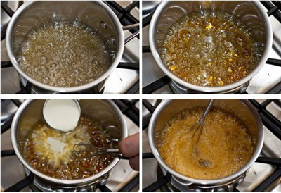 Hòa 6 muỗng canh đường với chút nước và đun lửa vừa trên bếp. Sau đó, vừa đun các bạn vừa khuấy cho đường tan hoàn toàn đến khi đường sôi, có màu nâu cánh gián rồi từ từ cho kem vào, để hỗn hợp sôi ở nhiệt độ cao.