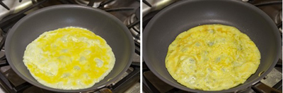 Đánh đều trứng với ít muối và đường. Chuẩn bị một chảo nóng với ít dầu ăn, cho trứng vào chiên vàng đều, trong khi cho trứng vào có thể lắc đều chảo một lượt cho trứng trải đều mặt chảo, chiên với lửa vừa.