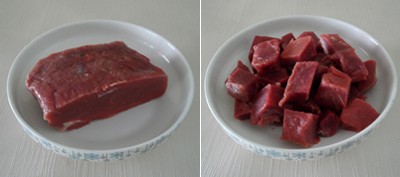Rửa sạch thịt bò rồi cắt thành miếng vuông nhỏ chừng 2cm.