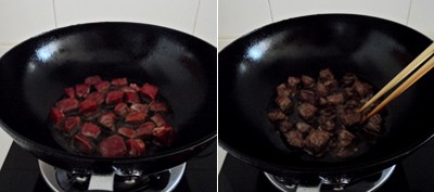 Làm nóng chảo dầu ăn ở lửa vừa và nhỏ, rồi cho thịt bò vào. Sau khi thịt đã bắt đầu chuyển màu thì đảo cho thịt chín đều.
