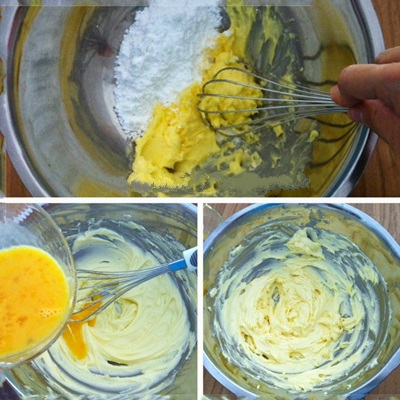 Đánh tan bơ và đường bột với nhau đến khi hỗn hợp chuyển màu sáng 