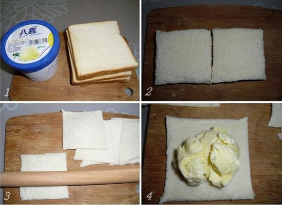 Đầu tiên với mỗi cặp lát bánh mì sẽ dùng cho một chiếc bánh kem chiên