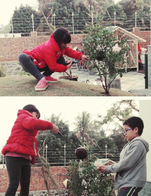 Con trai và con gái Trọng Tấn vui chơi trong khuôn viên ngôi nhà