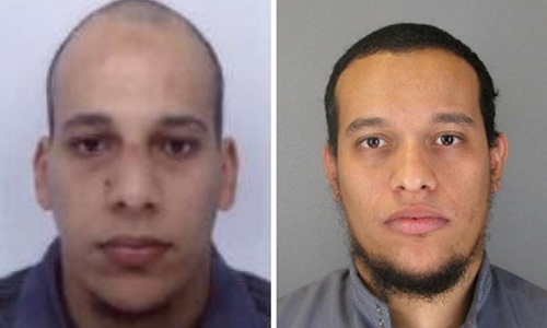Hai thủ phạm gây ra vụ tấn công khiến 12 người thiệt mạng tại tòa soạn tạp chí Charlie Hebdo. Ảnh AFP 