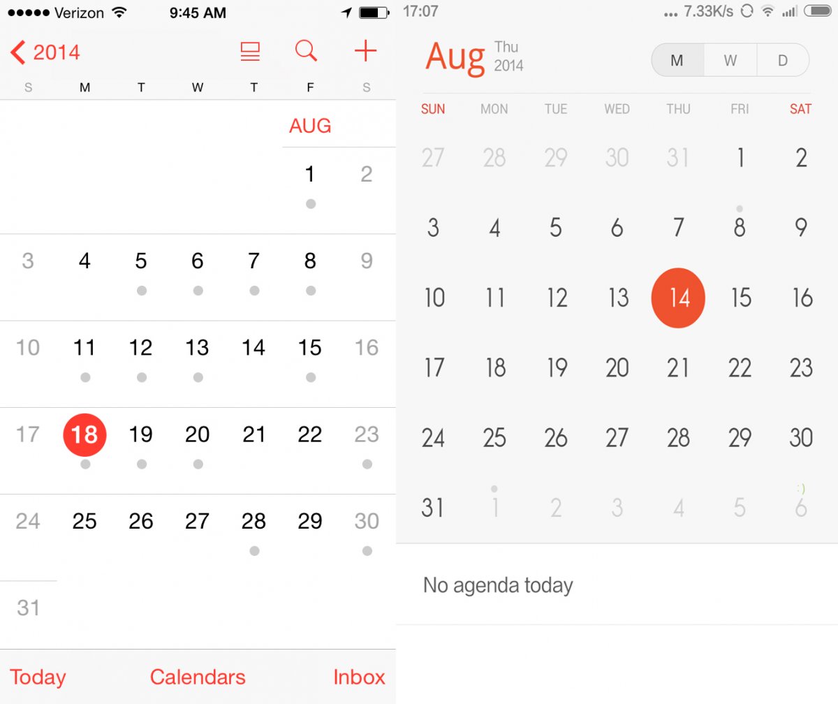 MIUI 6 của Xiaomi nhái hoàn toàn iOS7 của Apple: Ứng dụng Lịch (Calendars).