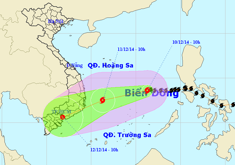 Vị trí và dự báo đường đi của bão số 5 (bão Hagupit)