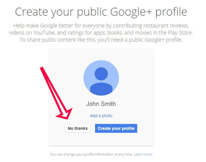 Người dùng có thêm lựa chọn từ chối đăng kí tài khoản Google+