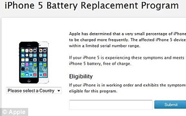 Thông báo thay thế pin miễn phí cho những khách hàng có iPhone 5 bị lỗi (đáp ứng đủ điều kiện của hãng Apple).