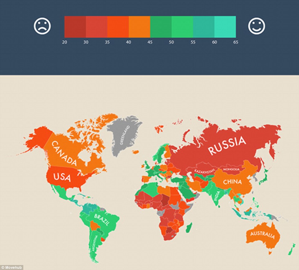Bản đồ chỉ số đất nước hạnh phúc nhất thế giới (màu càng xanh là hạnh phúc nhất) Việt Nam xếp đầu bảng châu Á và thứ nhì thế giới
