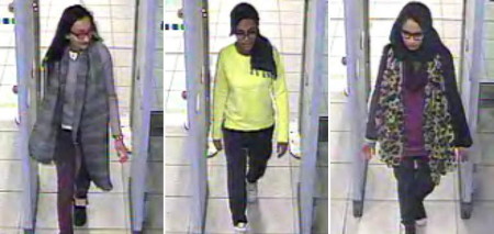 Hình ảnh 3 nữ sinh trung học Kadiza Sultana, Amira Abase và Shamima Begum tại một sân bay London do cảnh sát ghi được
