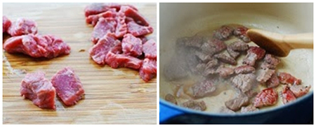 Xào thịt bò cho tái, thêm rong biển và nước nấu đến khi thịt chín mềm là được