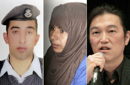 Muath al-Kasasbeh, Sajida al-Rishawi và Kenji Goto, ba người liên quan đến cuộc trao đổi con tin giữa IS và Jordan