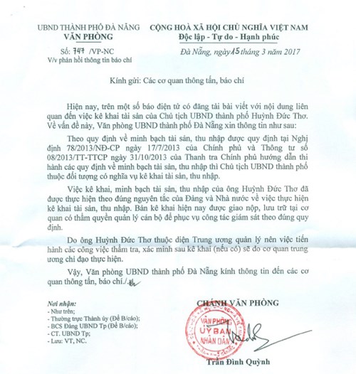 Công văn phản hồi thông tin báo chí của Văn phòng Ủy ban nhân dân thành phố Đà Nẵng. 