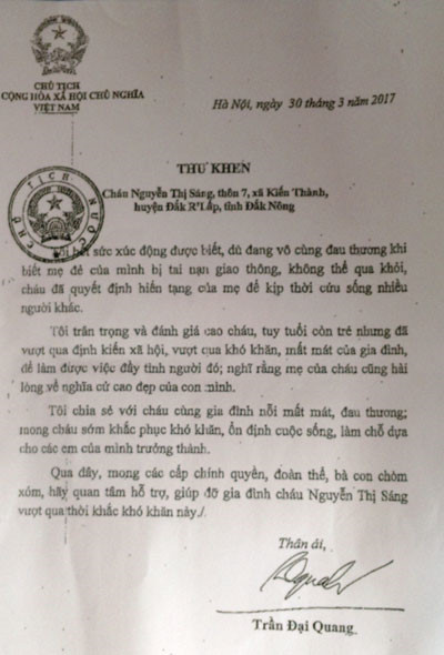 Thư của chủ tịch nước gửi em Nguyễn Thị Sáng. Ảnh: VOV