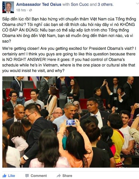 Đại sứ Ted Osius chia sẻ trên Facebook ngày 6/5 về sự kiện Tổng thống Mỹ Obama thăm Việt Nam.