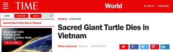 Tạp chí Time của Mỹ đưa tin về việc cụ rùa Hồ Gươm chết vào chiều tối ngày 19/1