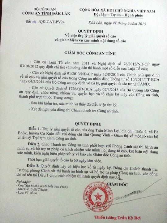 Quyết định xác minh đơn thư tố cáo giám thị trại tạm giam vòi tiền người nhà phạm nhân của Công an tỉnh Đắk Lắk